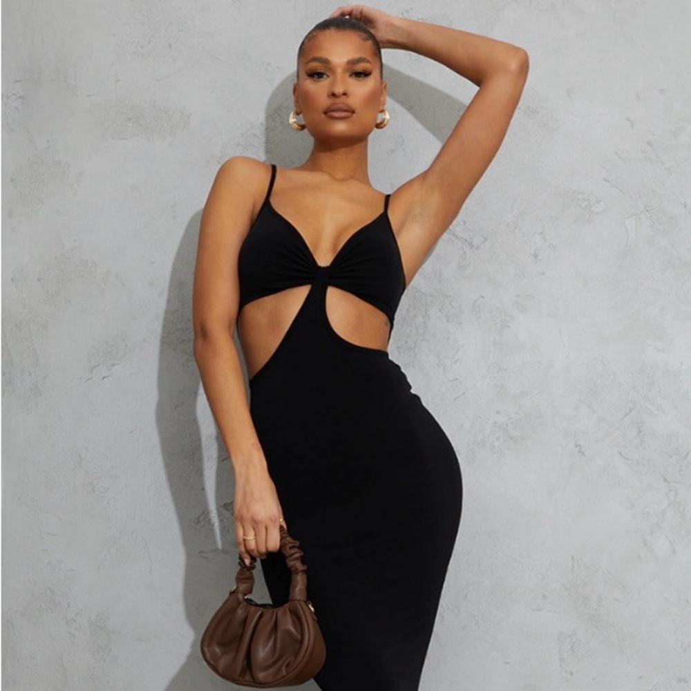 Black Slinky Strappy Cut Out Detail Midi Dress
